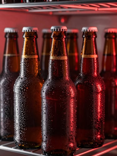 Close-up of premium beer bottles covered in heavy condensation inside a high-tech modern walk-in cooler, dramatic red backlighting