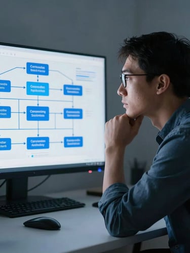 Professional, natural workspace portrait of a tech architect looking thoughtfully at a system architecture diagram on a screen, cool low-key lighting, slate gray and electric blue accents, 35mm