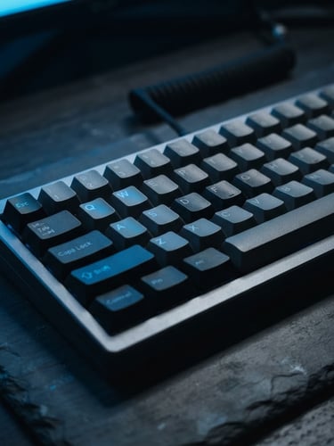 Macro shot of a mechanical keyboard on a deep slate desk, cool low-key studio lighting, electric blue glow from the screen reflecting on the keycaps, 35mm photography