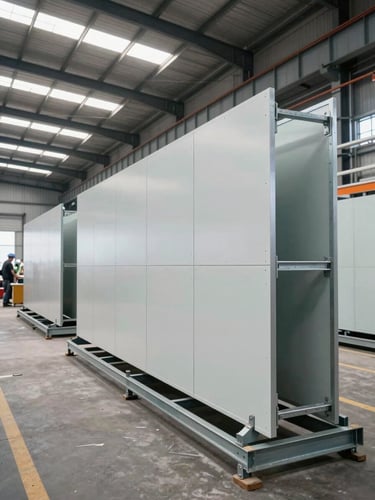 Wide factory floor interior, prefabricated wall panels and steel frames mid-assembly on industrial racks, bright overhead daylight through skylights, workers visible at far end for scale, sharp clarity no mood lighting