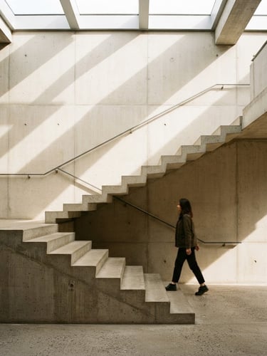 A minimalist architectural study of concrete stairs casting high-contrast shadows under soft natural daylight, showing human scale with a single figure walking past, 35mm film texture