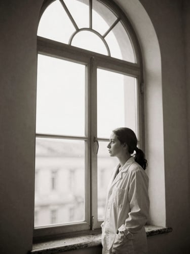 A quiet black and white portrait of a female researcher looking thoughtfully out of a large arched window, soft natural light, architectural frame