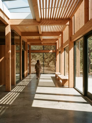 High-contrast architectural drawing of a sunlit community pavilion, clean lines, sharp shadows, minimalist spatial layout, warm editorial feel.