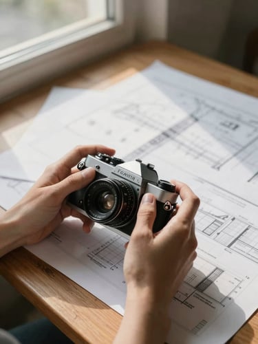 Close-up of hands adjusting a 35mm film camera, soft natural morning light filtering through a window, architectural plans and public health surveys laid out on a wooden table in the background.