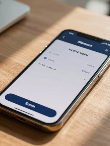 Close-up of a high-end smartphone screen displaying a clean mobile money transaction interface, set against a warm wooden table in a sunlit modern office, sharp focus, morning light, 35mm