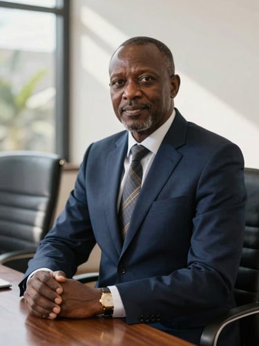 Editorial corporate portrait of a senior African operations director in a sunlit Nairobi boardroom, natural morning light, deep navy suit, sharp focus, 35mm