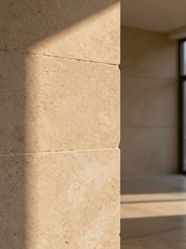 Extreme close-up of a honed limestone wall panel, raking sidelight from the left casting long shadows across the stone's micro-texture, warm golden-hour tone, empty room behind slightly out of focus, architectural precision visible in the flush mortar joint at the panel edge