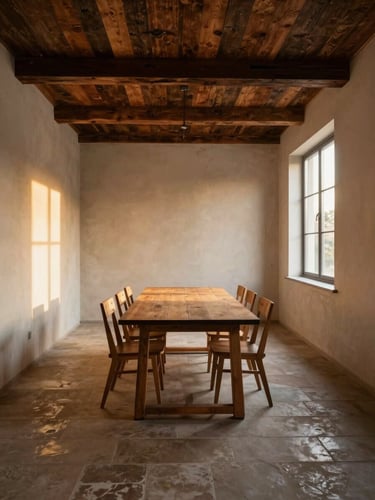 Wide environmental shot of a completed empty dining room, dark aged-wood ceiling panels overhead, raking golden-hour light entering from a high clerestory window on the right, warm stone floor in long perspective, walls in raw troweled plaster, no furniture, spatial proportion emphasized