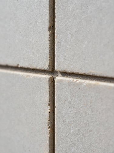 Extreme close-up of hand-laid stone tile joint, raking sidelight exposing grout depth and surface texture, matte travertine against dark mortar, precise geometric alignment visible