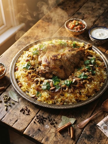 Overhead shot of a steaming communal mandi platter on a rustic wooden table, cardamom and cloves scattered nearby, warm golden-hour window light, rich earth tones, 35mm