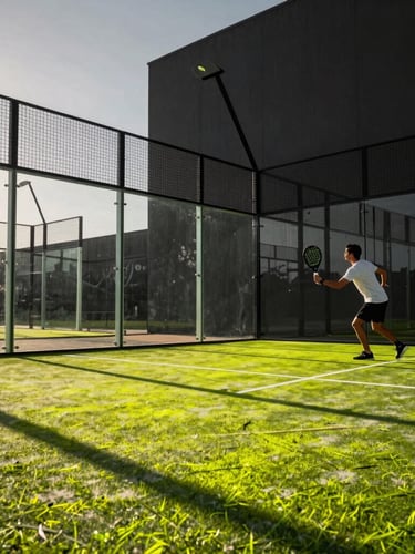 Dramatic sports photography, a modern glass padel court at sunset, a player in motion hitting a ball, high-contrast lighting with electric lime reflections, sharp focus.