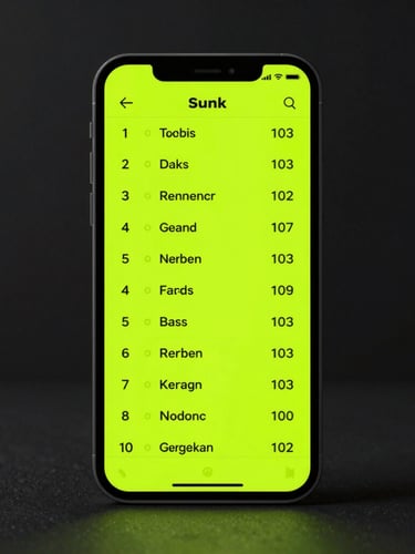 Frontal high-definition mockup of SmashApp on a modern smartphone, displaying a vibrant electric lime leaderboard ranking screen, high-contrast dark background, sharp focus.