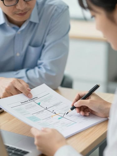 A close-up shot of a student and mentor reviewing a structured roadmap document on a wooden desk, soft natural daylight, professional and focused atmosphere, 35mm photography