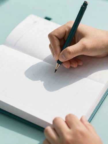 Close-up of a student's hands writing in a structured leather-bound academic planner, architectural shadows, soft teal tones, 35mm photography