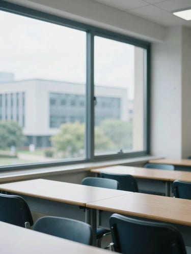 A bright, clean indoor study environment with architectural details of a modern campus visible through a large window, soft daylight, shallow depth of field
