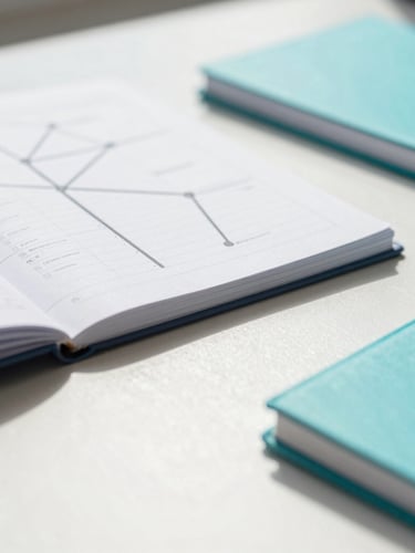 A close-up of planning materials like notebooks and structured roadmaps on a clean desk, bright natural daylight, soft blue and teal tones, shallow depth of field, 35mm