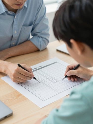 A close-up of a student and mentor reviewing a structured planning roadmap on a wooden desk, soft natural daylight, 35mm editorial photography