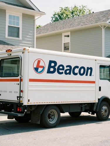 Medium shot of a Beacon Garage Door's Repairs service truck parked in front of a residential garage, Edinburgh, Indiana, bright natural daylight.