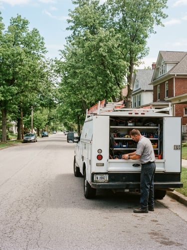 Wide shot of a clean, branded service truck parked on a quiet, tree-lined street in Edinburgh, Indiana, with a technician visible checking tools in the back. Bright natural daylight, 35mm.