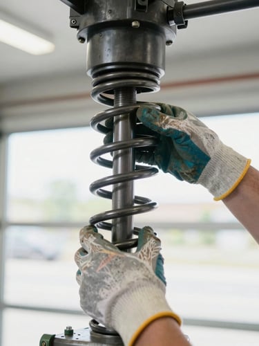 Close-up, sharp documentary photo of a technician's hands carefully inspecting a garage door torsion spring, with proper safety gloves. Bright, clear garage interior lighting, realistic industrial tones.
