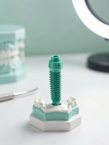 A close-up of a modern dental implant model on a clean white surface with a surgical tool, bright natural light, green accent tones