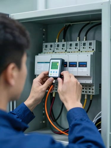 Over-the-shoulder view of a technician wiring an industrial electrical panel with smart sensors, bright laboratory lighting, cool blue tones, sharp focus, 35mm
