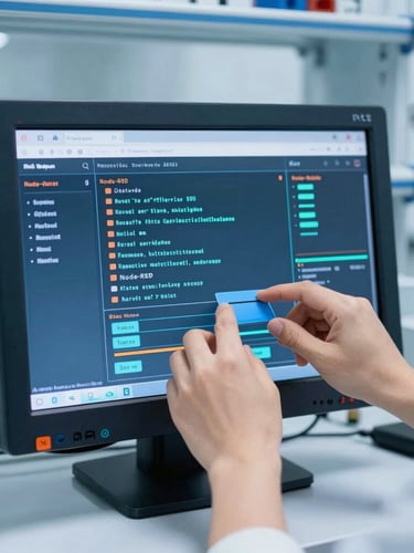 Crisp industrial photography, bright laboratory lighting, hands configuring a Node-RED dashboard on a rugged industrial monitor, cool blue tones, 35mm