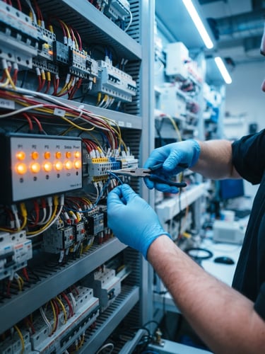 Close-up of hands wiring an electrical panel with orange indicators, bright laboratory lighting, cool blue tones, sharp focus, 35mm
