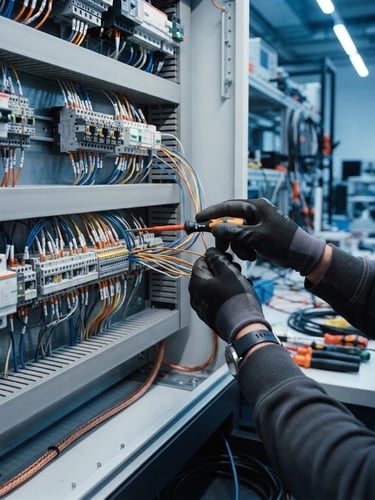 Crisp industrial photography, bright laboratory lighting, cool blue tones with orange accents, close-up of hands wiring a smart electrical panel, 35mm