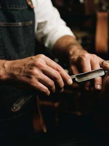 Moody close-up of a barber's hands holding a straight razor, warm low-key side lighting, rich charcoal and bronze tones, shallow depth of field, 35mm film