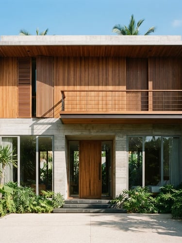 Straight-on architectural orthographic elevation of a modern tropical house with concrete and teak wood facade, sharp shadows from bright sunlight, 35mm lens