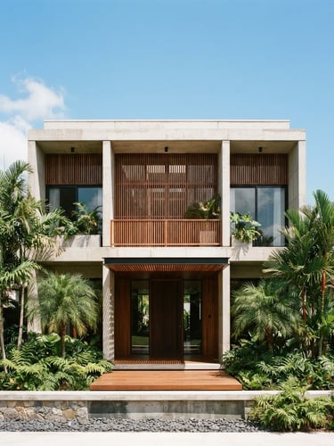 Straight-on orthographic elevation of a completed modern tropical concrete house, bright tropical daylight, sharp structural shadows, warm wood accents, 35mm lens
