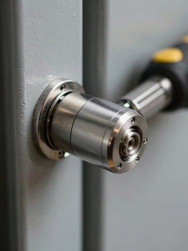 Macro shot of a high-security lock cylinder being installed into a metallic door frame, technical precision tools visible in the background, sharp details.