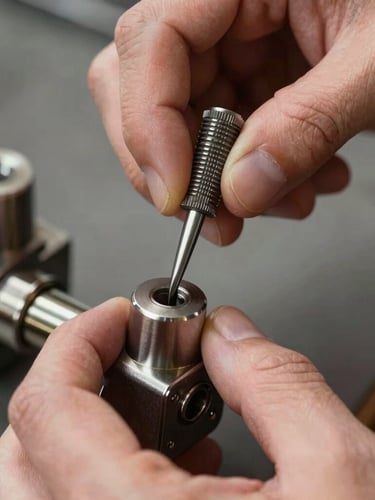 Close-up of a locksmith's hands using specialized pick tools on a high-security lock cylinder, focused technical lighting, sharp details.