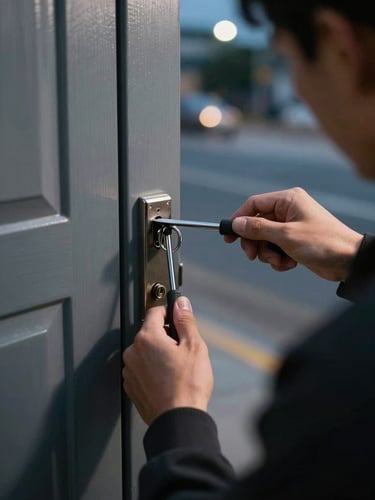 Over-the-shoulder shot of a locksmith's hands using professional pick tools on a high-security front door lock, cool evening streetlights casting sharp shadows.
