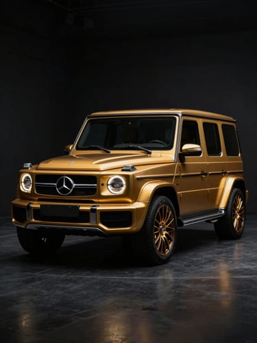 Dramatic front-quarter angle of a customized premium SUV in a dark bay, low-key studio lighting with golden rim lights