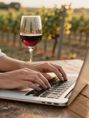 Close-up of hands typing on a laptop on a rustic wooden table, next to a glass of deep red wine catching the warm golden hour light, vineyards blurred in the background.