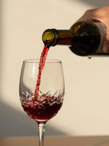 Close-up of a hand pouring rich red wine into a crystal glass at golden hour, soft side light, shallow depth of field, 35mm film.