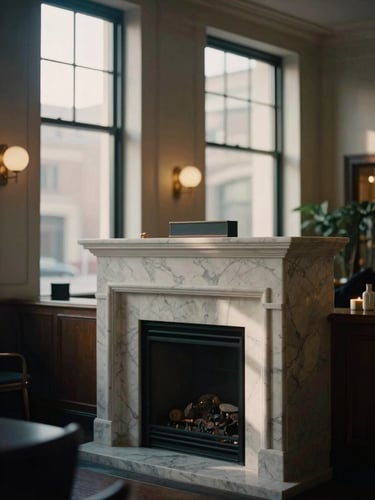 Cinematic portrait of a moody boutique hotel lobby with a marble fireplace, soft morning light filtering through tall windows, warm editorial tones, shallow depth of field, 35mm film look.