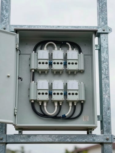 Close-up overhead shot of a utility-scale combiner box assembly on a steel mounting frame, diffuse daylight revealing cable management and labeled terminal blocks, clean industrial geometry
