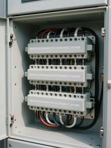 Close-up of an open switchgear enclosure in direct daylight, bus bars and terminal blocks precisely arranged, cable labels visible, painted steel surfaces showing assembly detail and mechanical precision
