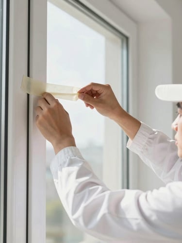Close-up of a painter in a clean white uniform applying crisp masking tape to an architectural window frame, bright natural daylight, sharp focus