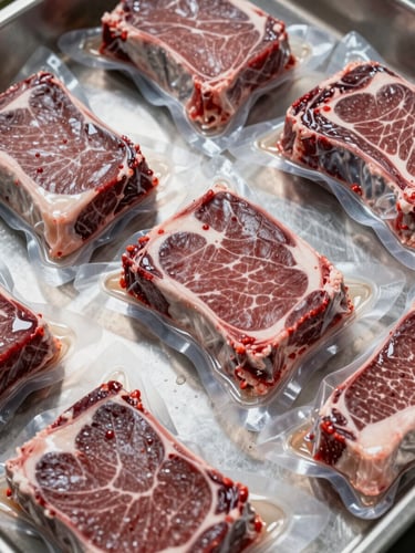 Extreme close-up overhead of export-grade beef cuts arranged in vacuum-sealed packaging on a stainless steel cold-storage surface, studio strobe lighting, moisture visible on packaging, no labels or text visible, documentary product study
