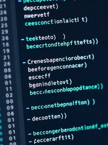 Close-up macro shot of lines of secure code in a dark IDE terminal with active terminal logs on a side panel, glowing cyan highlights