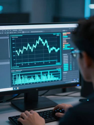 Over-the-shoulder view of a machine learning engineer analyzing a high-fidelity terminal interface with neural network weights and training loss curves, glowing cyan accents, shallow depth of field.