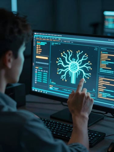 Over-the-shoulder shot of an engineer analyzing neural network weights on a high-fidelity terminal interface, glowing cyan and amber neon highlights, cinematic tech photography.