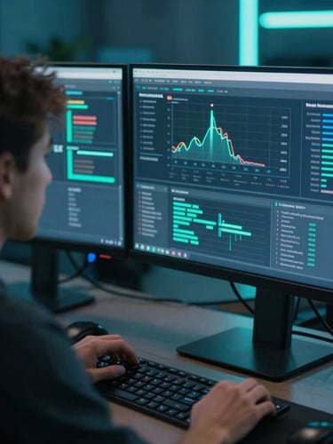 Over-the-shoulder view of a data engineer analyzing real-time streaming analytics dashboards on vertical 4K monitors, neon cyan ambient lighting, shallow depth of field, 35mm lens