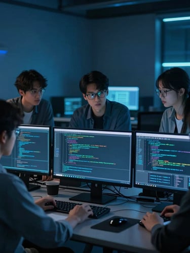 A collaborative engineering team huddled over code on multiple screens in a moody, low-key workspace with deep blue ambient lighting, shallow depth of field.