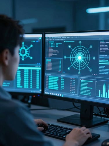 Over-the-shoulder shot of a security analyst analyzing live intrusion vectors on a glowing multi-monitor dashboard, deep blue and cyan ambient lighting, shallow depth of field
