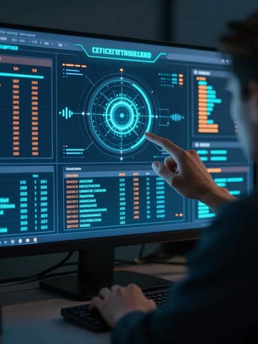 Over-the-shoulder shot of a developer analyzing a complex cybersecurity dashboard with glowing cyan and orange telemetry, low-key ambient lighting, cinematic 35mm lens.